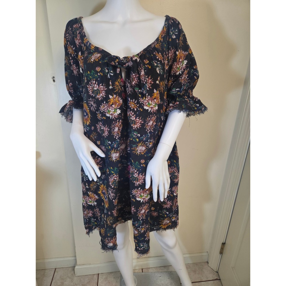 Natural Life Floral Cotton Mini Dress Black Boho Tie Front Fringe L/XL - Picture 5 of 10
